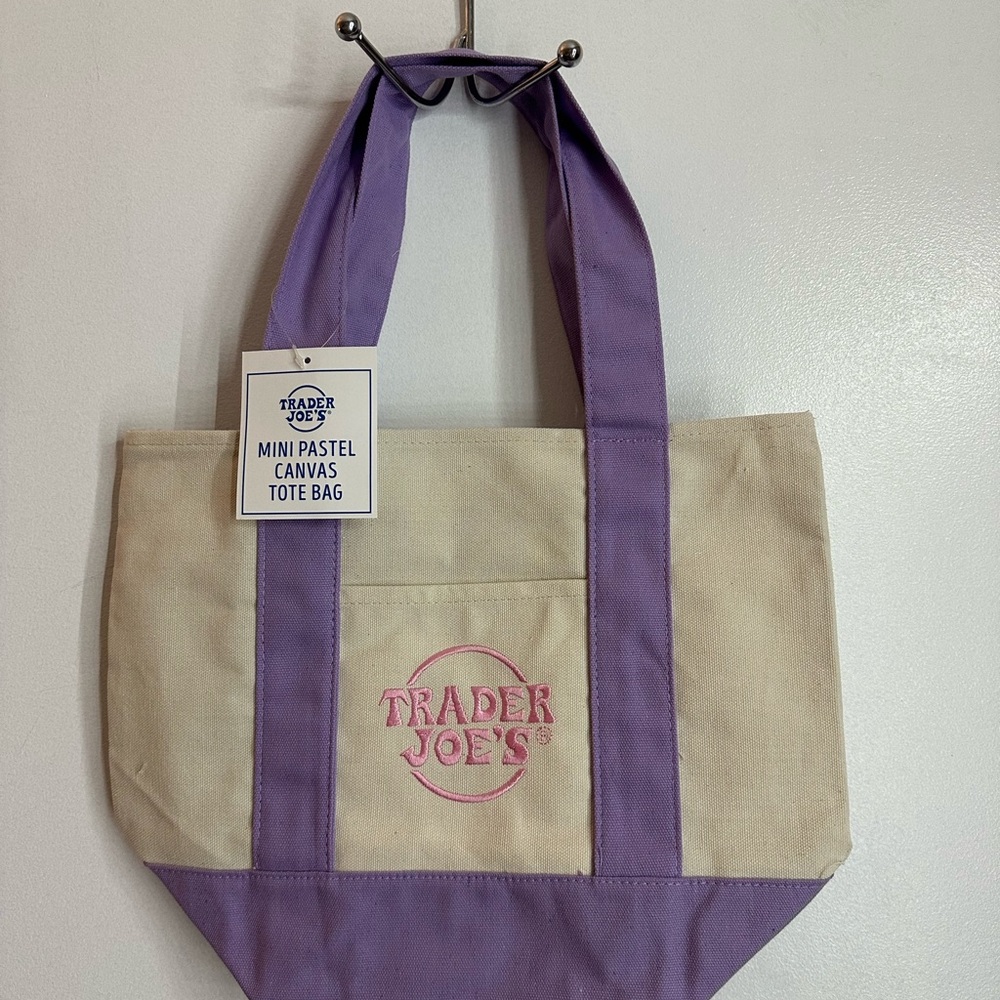 Trader Joe's Cream Canvas Tote with Lavender Handles